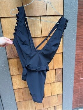 Skinny Dippers Classic Black Ruffle Strap One-Piece Swimsuit